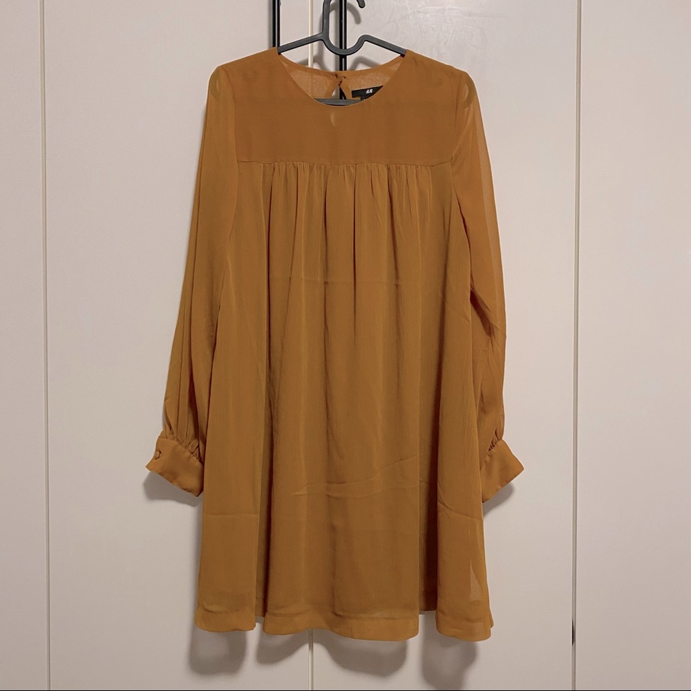 H&M Flowy Golden Mustard Mini Dress with Sheer Long Sleeves